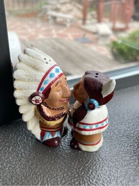 Hand-Painted Native American Salt & Pepper Shaker Set - Cream, Brown, Red & Blue